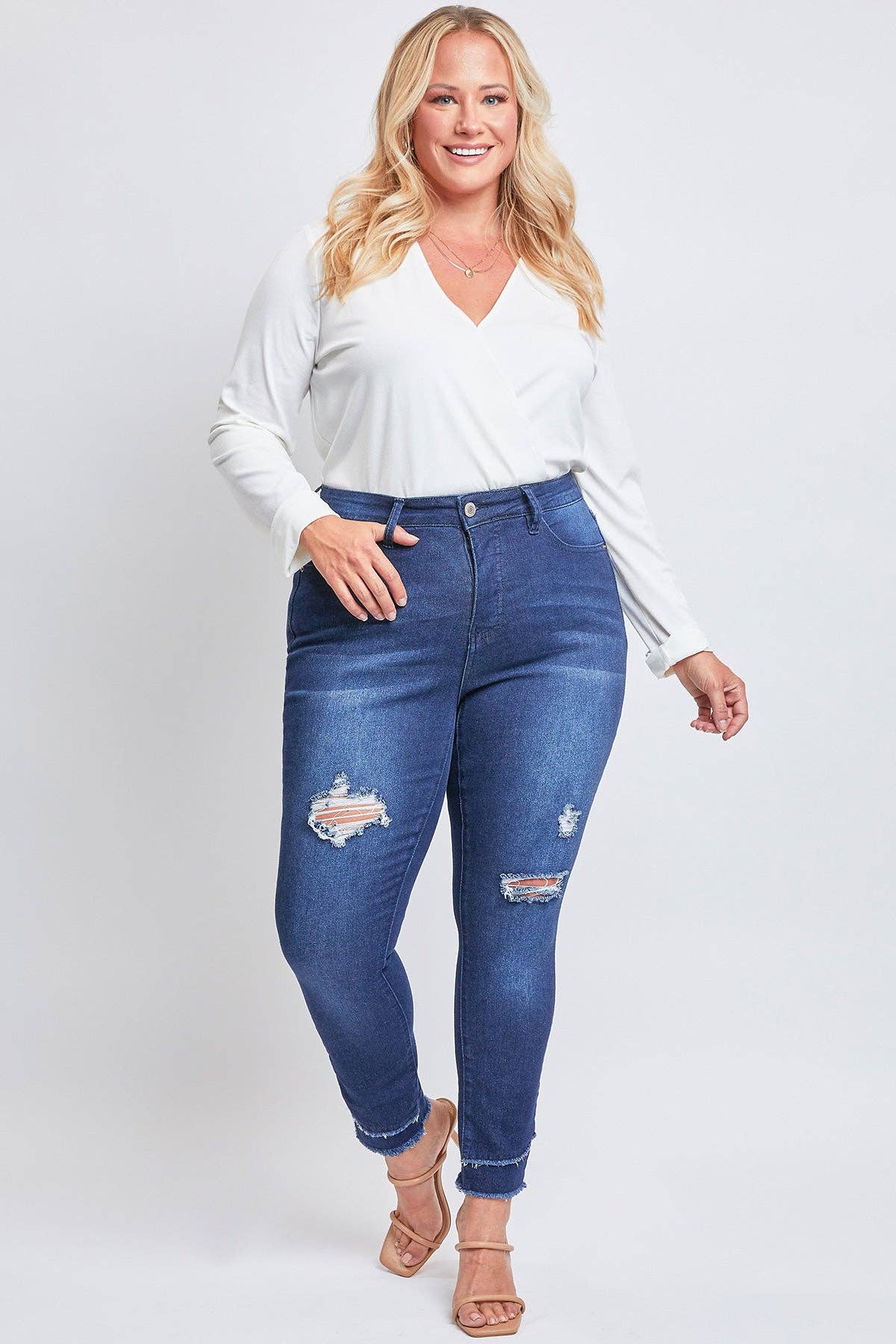 Plus Size Tummy Control Skinny Jeans – Double Slanted Frayed Hem, Distressed, High Rise